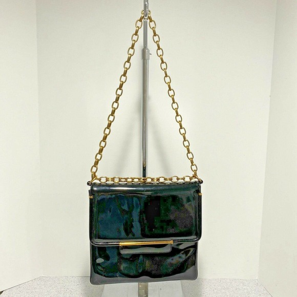 Prestige mod 1960’s black patent leather shoulder bag purse chunky gold chain - Picture 2 of 16